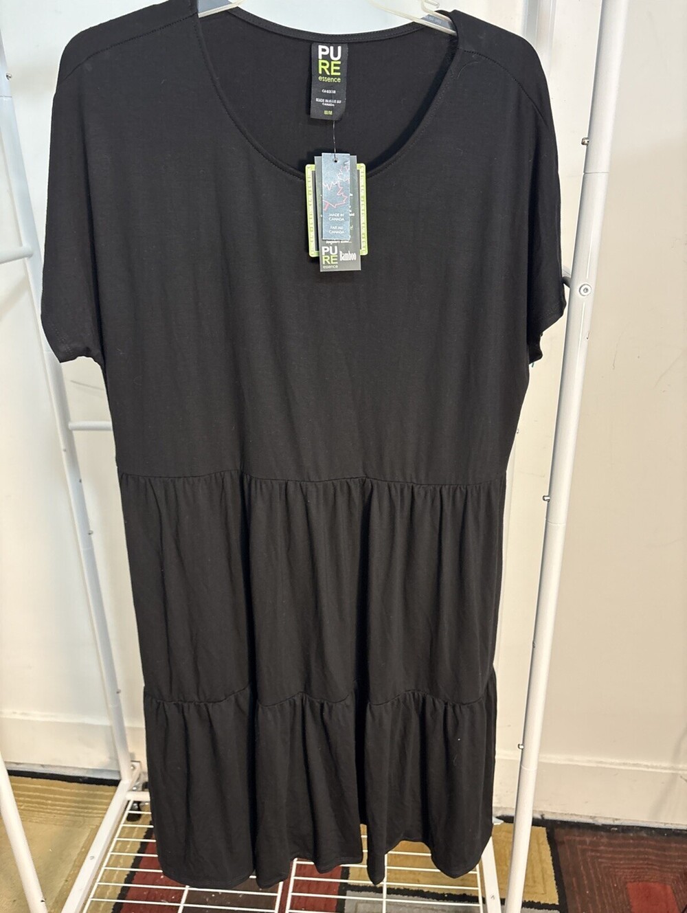 NWT Pure Essence Three-Tier Bamboo Dress in Black Pockets Medium Boho Cottage